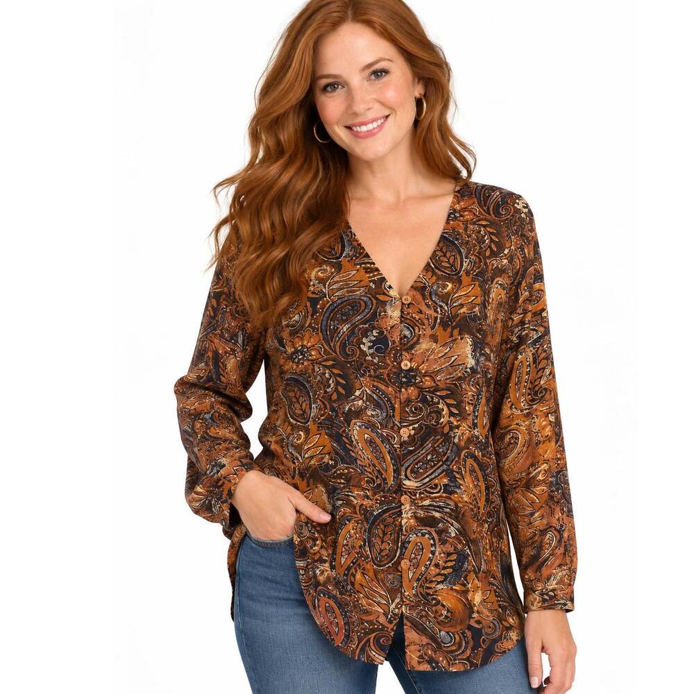 Denim & Co Paisley Button Top Womens Large Brown Blue V-Neck Boho Flowy Blouse